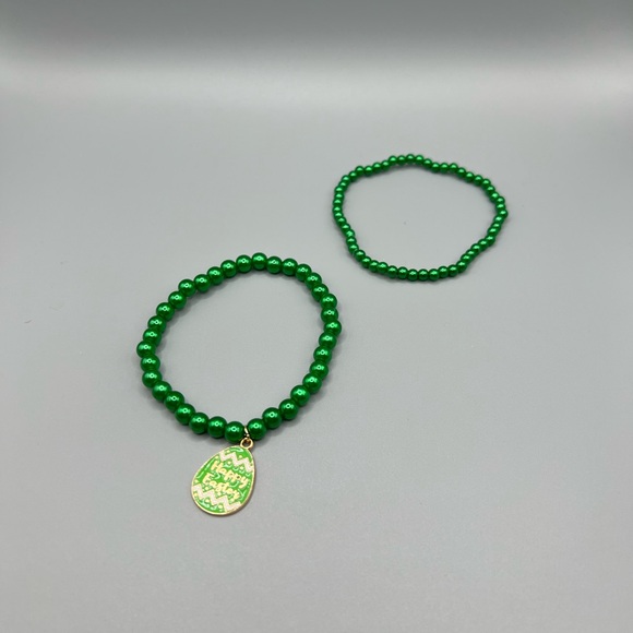 Handmade Jewelry - Easter Green Beaded Bracelet Set with Charm - Handmade #B0279T